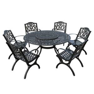 Black 7-Piece Aluminum Round Mesh Outdoor Dining set with 6-Chairs and Lazy Susan