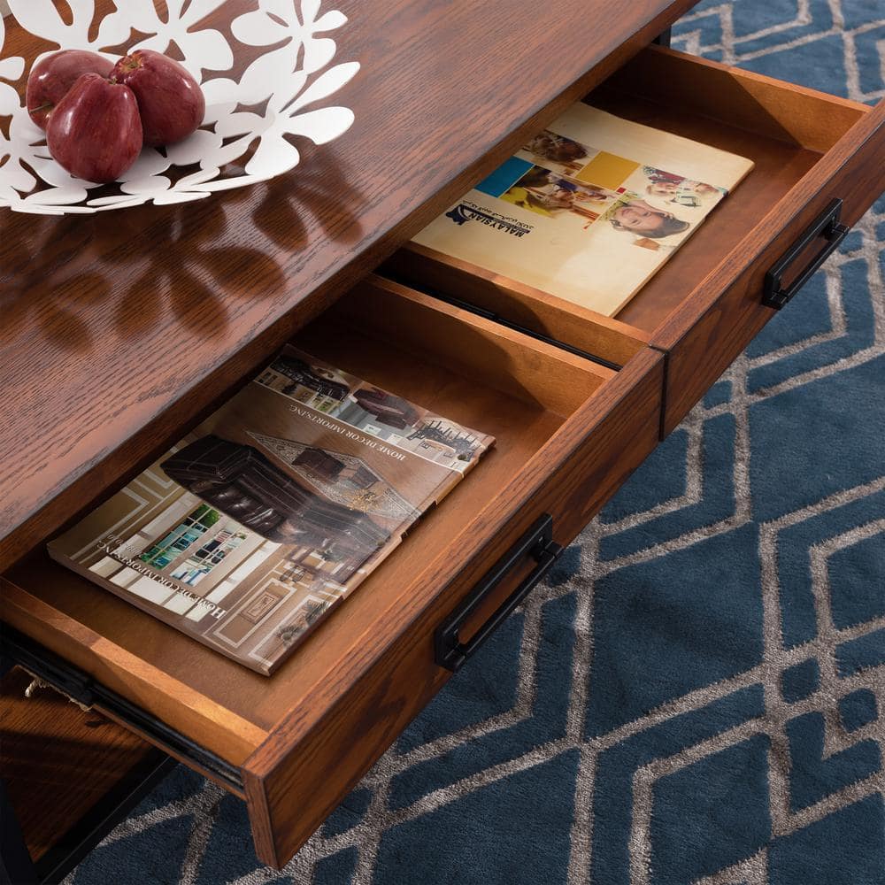 Mission Oak and Black Rectangular Wood Coffee Table with Storage