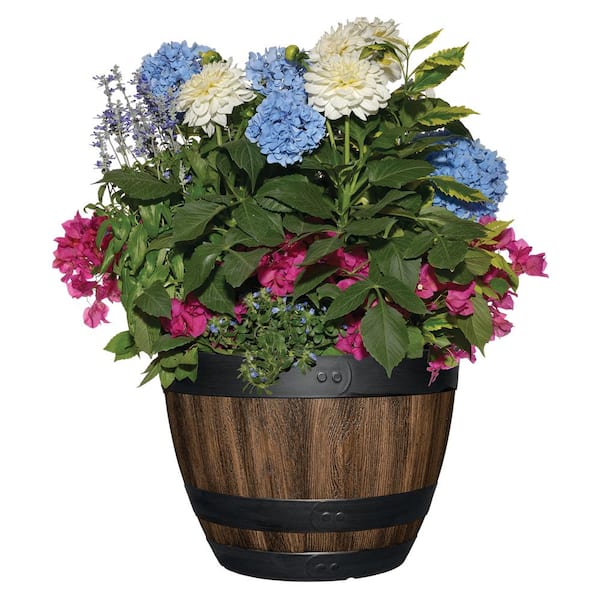 Large Wine Barrel Resin Garden Pot Planter Flower Decor Outdoor Indoor 16 Inches 