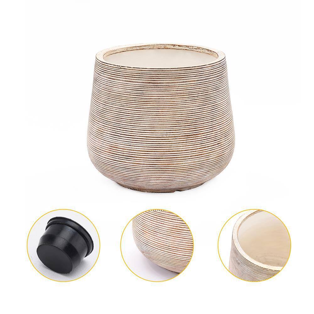 Distressed Tan and White Ribbed Round Planter