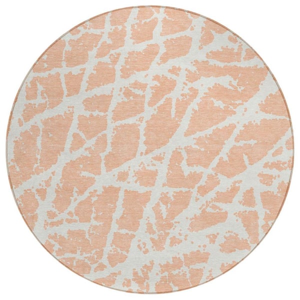 Peach and Ivory 8 ft. Round Abstract Indoor / Outdoor Area Rug