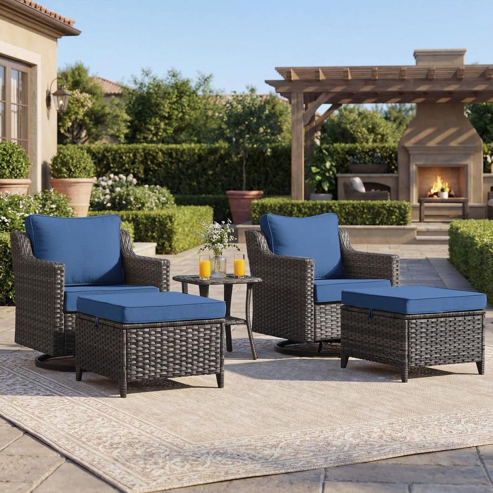 Haven 5-Piece Gray Wicker Patio Conversation Set with 4-Inch Thick Navy Blue Cushions and Ottomans price history on PriceWatchPro