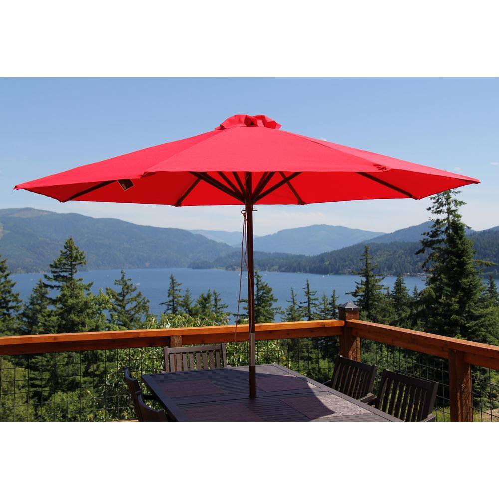 Red 9 ft Octagon Market Umbrella with Wooden Pole