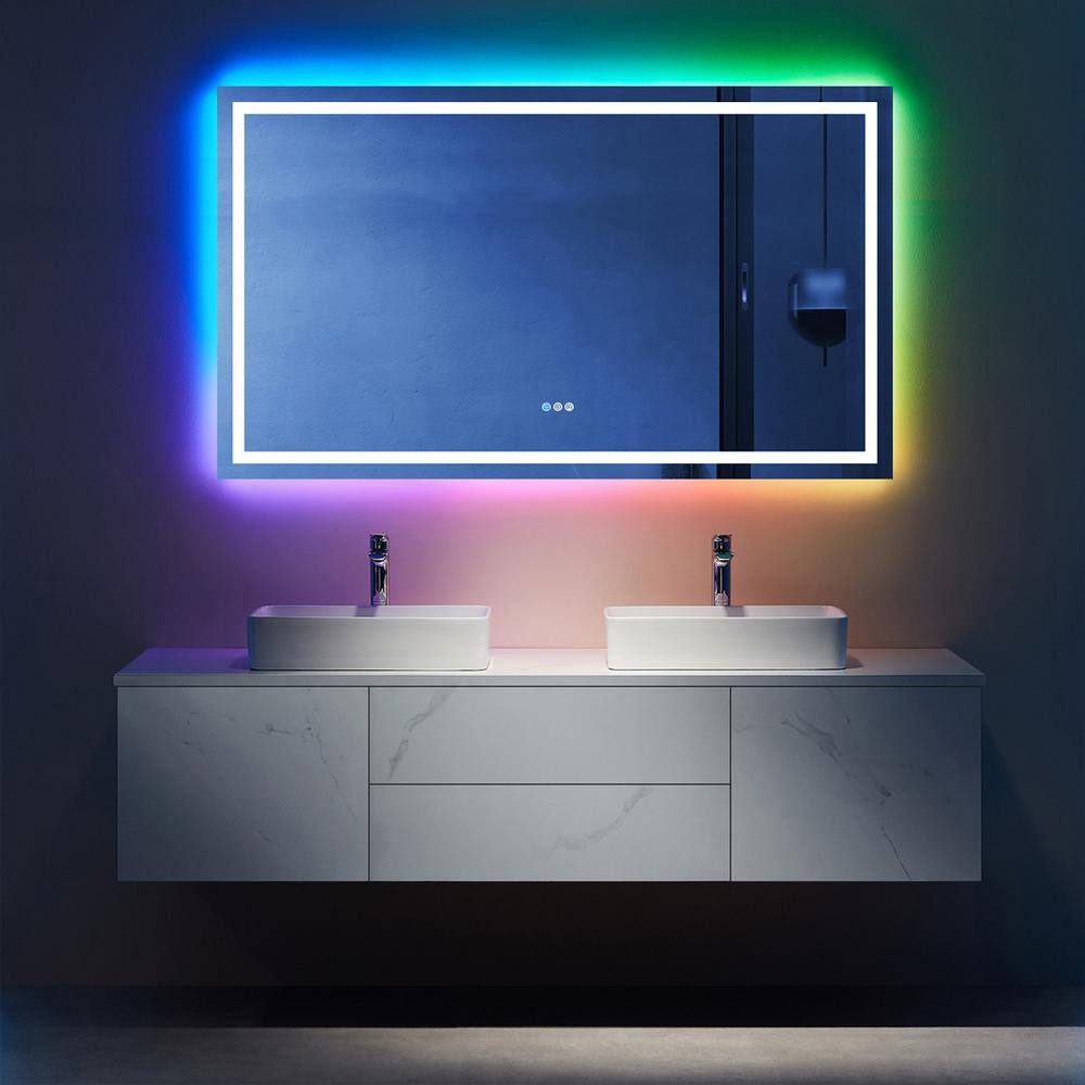 Large Frameless RGB LED Rectangular Vanity Mirror with Anti-Fog