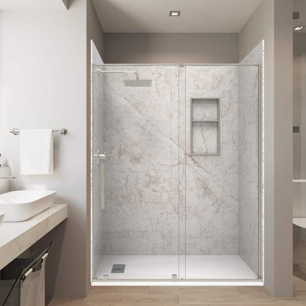 Botti. Beige 32in.x60in.x84in. Combo Solid Composite Stone Alcove Shower Kit Matching Brushed Nickel Door, Niche & Drain price history on PriceWatchPro