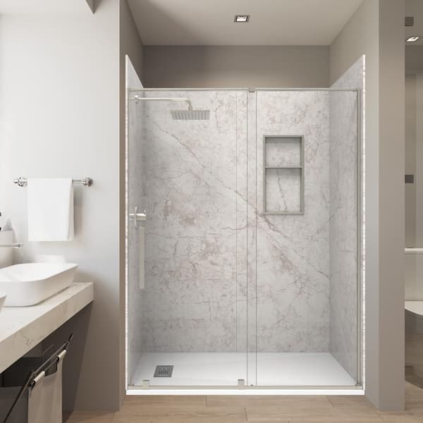 Botti Beige 32in.x60in.x84in. Solid Composite Stone Alcove Shower Combo Kit Matching Brushed Nickel Door,Niche and Drain