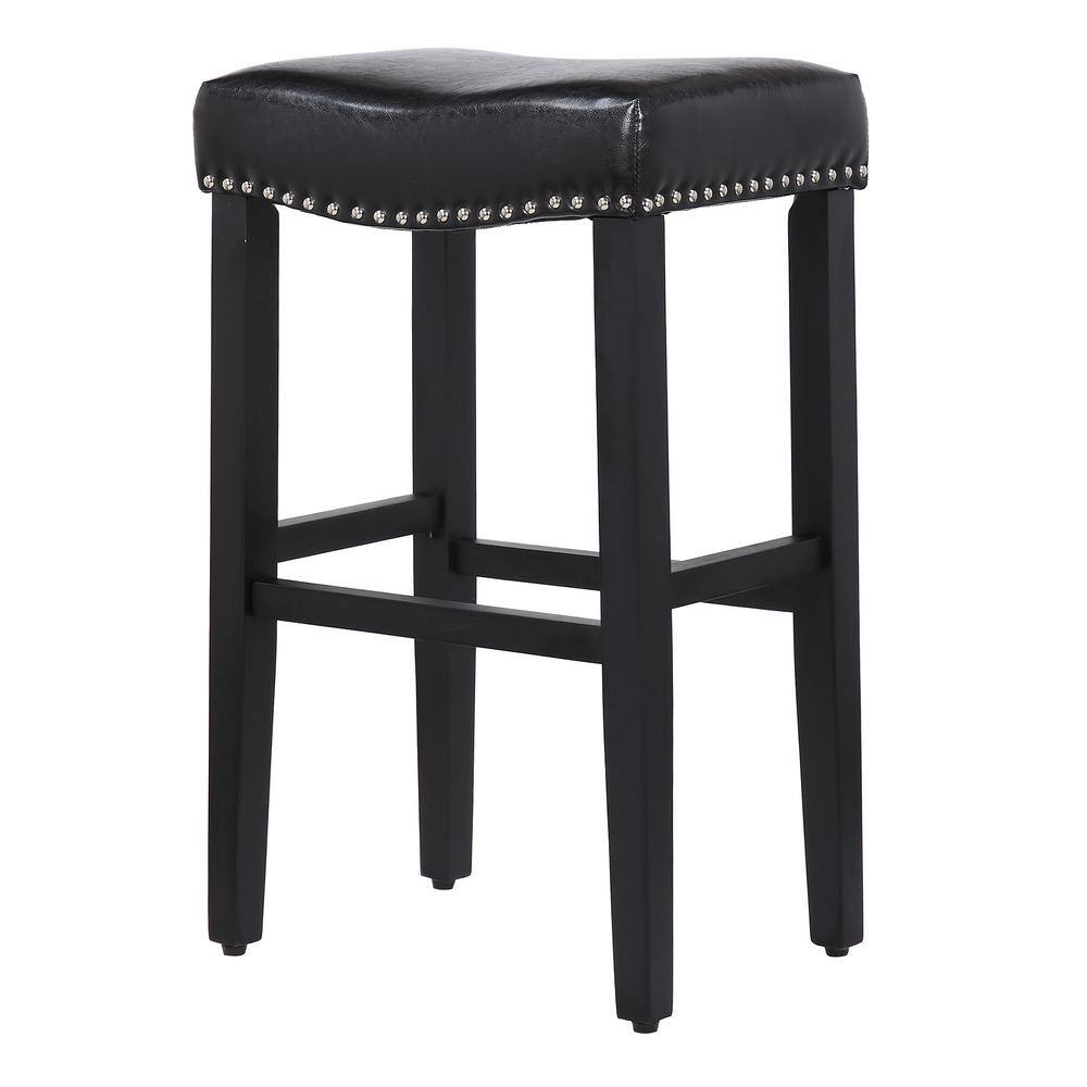 29" Black Leather Upholstered Saddle Bar Stool with Chrome Accents
