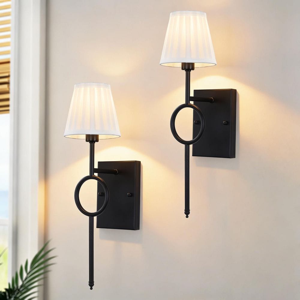 Hels 8.27 in. 1-Light Black Rustic Wall Sconce Light with Linen White Fabric Shade (2-Pack） price history on PriceWatchPro