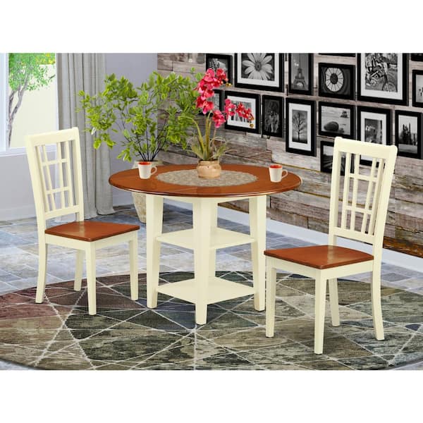 East West Furniture 3-Piece Buttermilk and Cherry Finish Round Solid Wood Top Dining Table Set