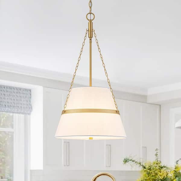 Softline 4-Light 15.4 in. Modern Brass Pendant Light with Linen Fabric Drum Shade for Bedroom Living Room Island