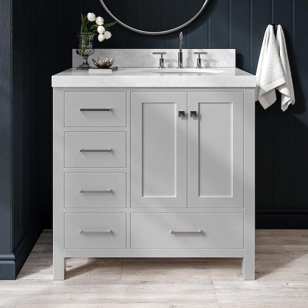 Cambridge 36 in. Single Sink Freestanding Bathroom Vanity in Gray with Carrara White Marble Top