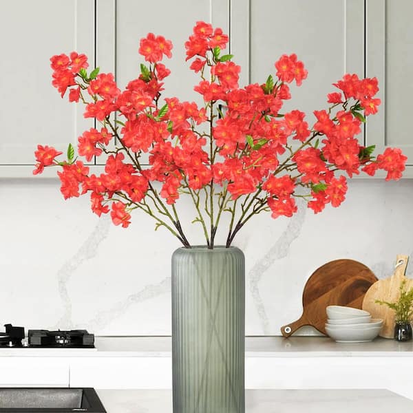 LIVING LUXURY 40 in. Red Artificial Cherry Blossom Flower Stem