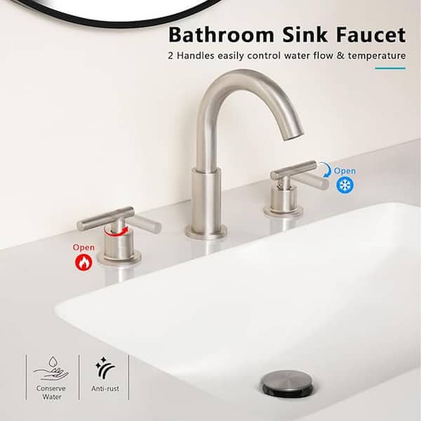 Modern 8 in. Widespread Double Handle Bathroom Faucet 3-Holes Water-Saving With Drain Kit In Brushed Nickel