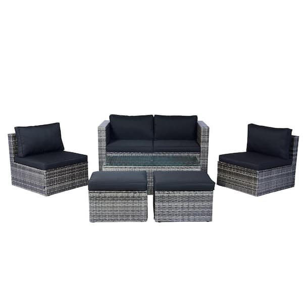6-Piece Wicker Patio Conversation Seating Set with Black Cushions, Space-Saving Patio Furniture Set for Garden, Backyard
