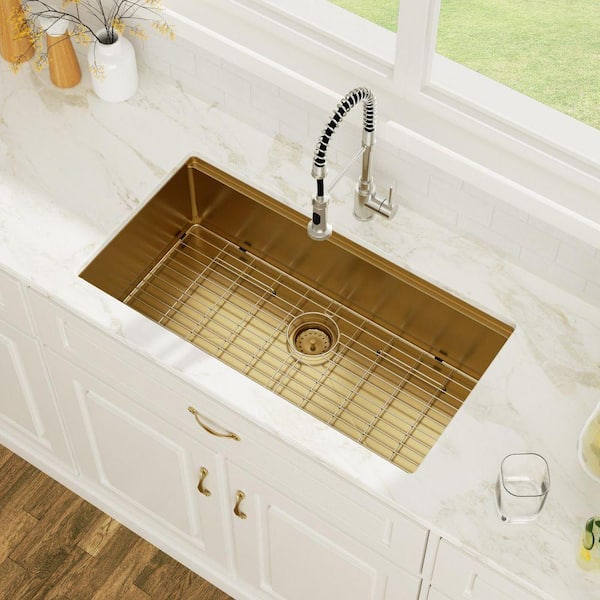 Logmey 33 in. Gold Undermount Workstation Sink Single Bowl 16