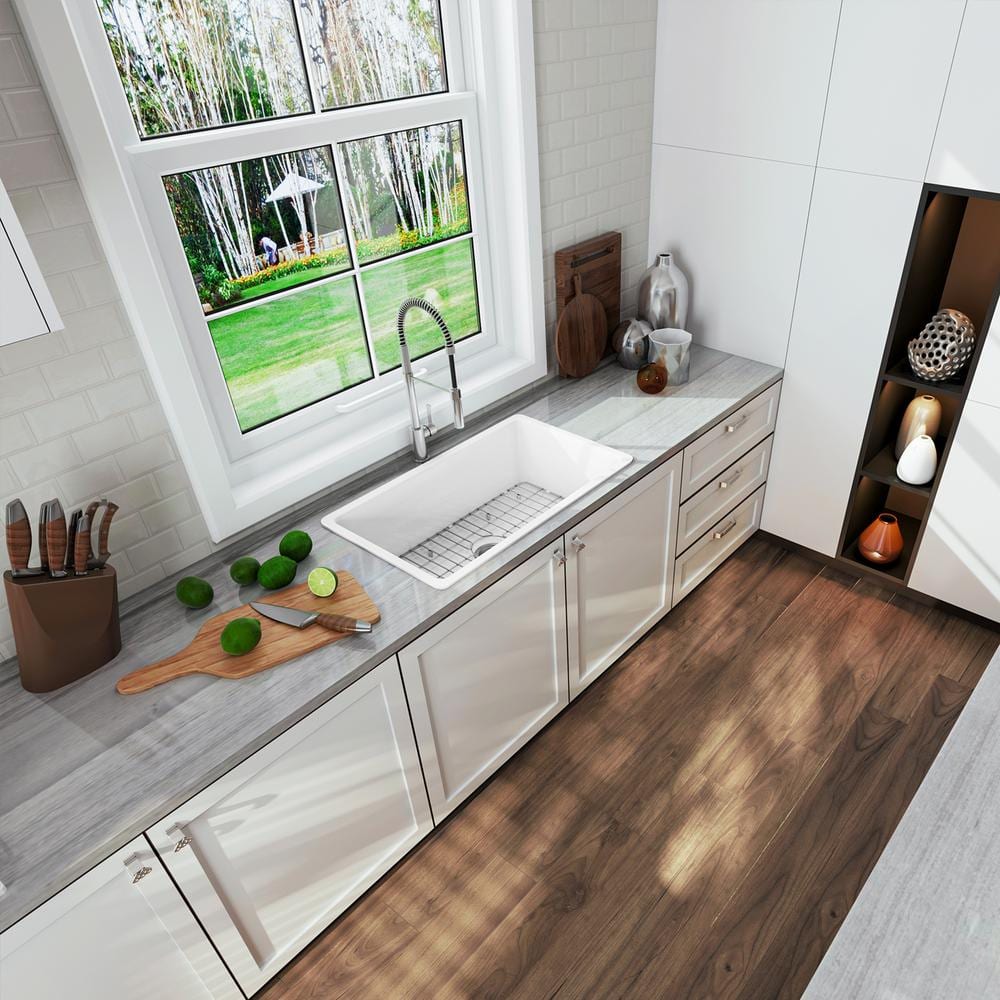 32" White Fireclay Drop-In Single Bowl Kitchen Sink with Drainboard