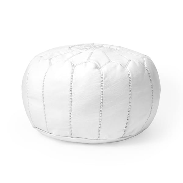 Nuloom Handmade Moroccan Leather Filled, White Leather Round Ottoman