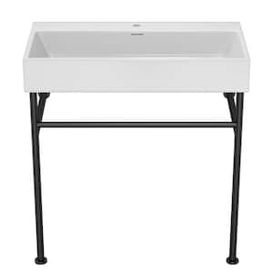 30 in. White Ceramic Rectangular Bathroom Console Sink Basin and Legs Combo with Overflow and Black Legs