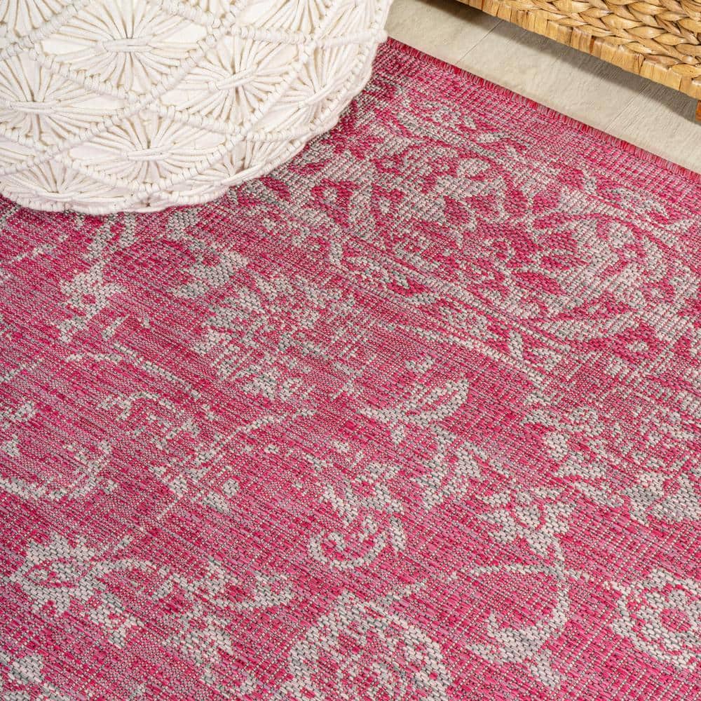 9' x 12' Fuchsia and Light Gray Floral Synthetic Area Rug
