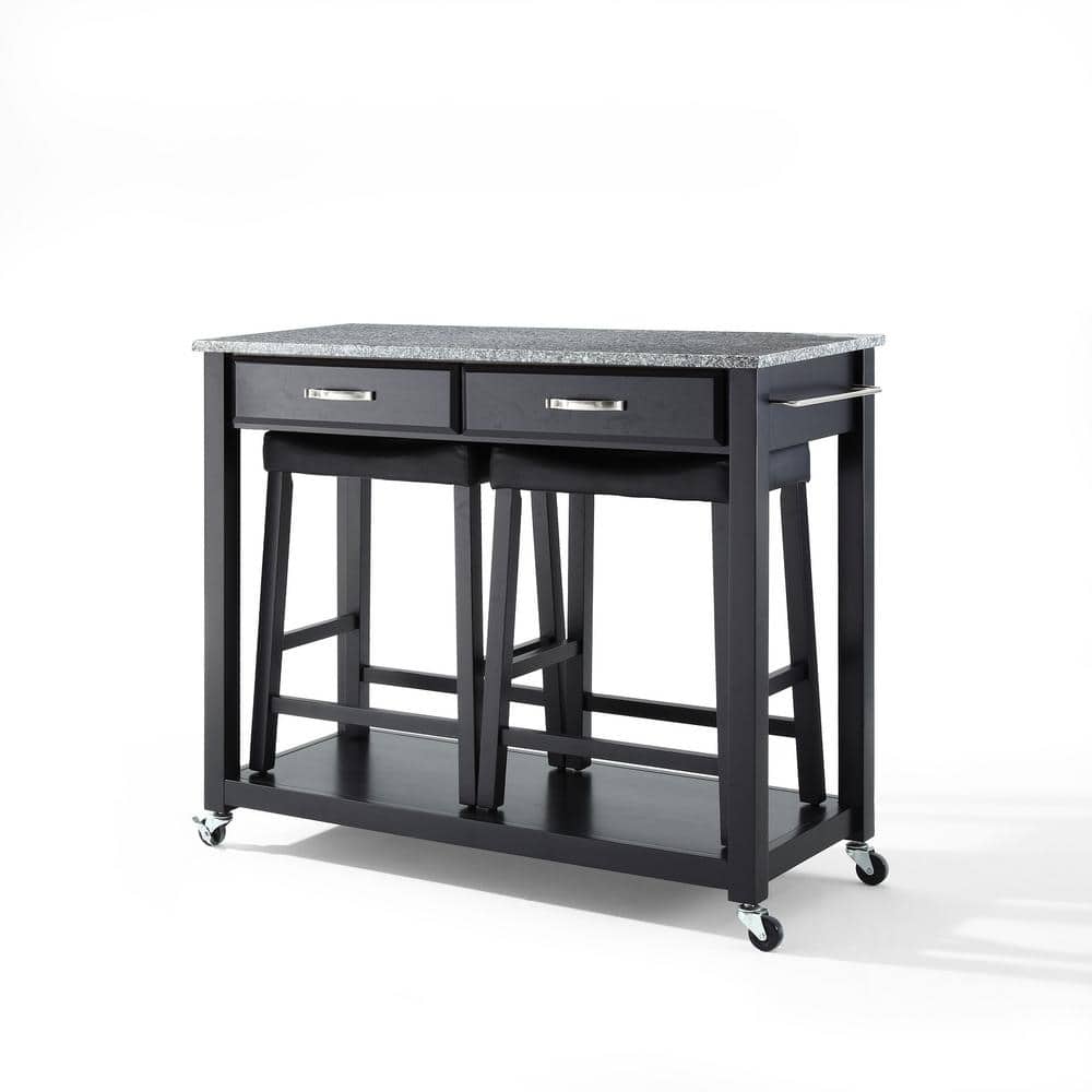 Black Granite Top Kitchen Cart with Storage and Drawers