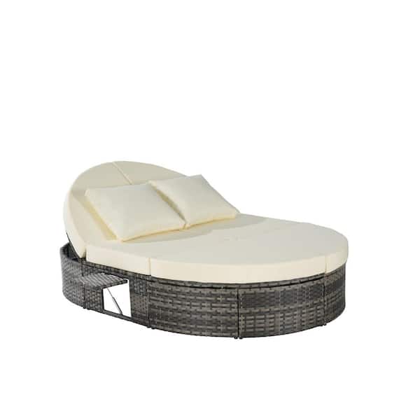 Sudzendf Wicker Outdoor Round Day Bed with Beige Cushions and Pillows, Adjustable Backrests and Foldable Cup Trays