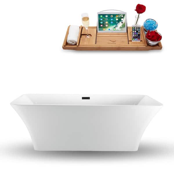 Streamline 71 in. Acrylic Flatbottom Non-Whirlpool Bathtub in Glossy White with Matte Black Drain and Overflow Cover