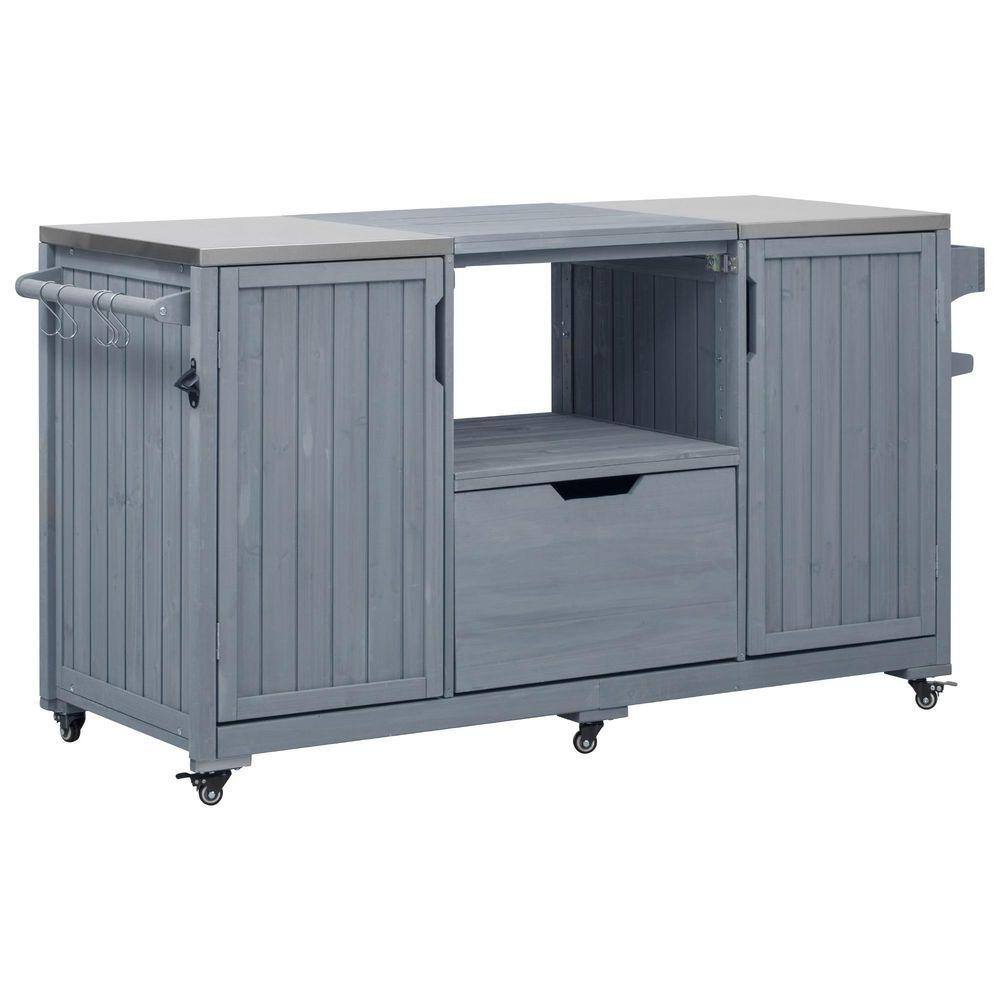 OLUMAT 66.5 in. W Gray Blue Farmhouse Solid Wood Outdoor Kitchen Island ...