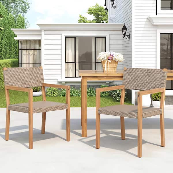 TIRAMISUBEST 2 Pieces Light Teak Acacia Wood Frame and Multi Light Brown PE Wicker Outdoor Dining Chairs