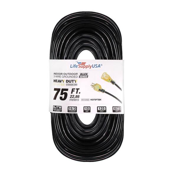 LifeSupplyUSA 16/3 75 ft. SJTW 13 Amp, 125-Volt 1625-Watt Lighted End Indoor/Outdoor Black Heavy-Duty Extension Cord (10-Pack)