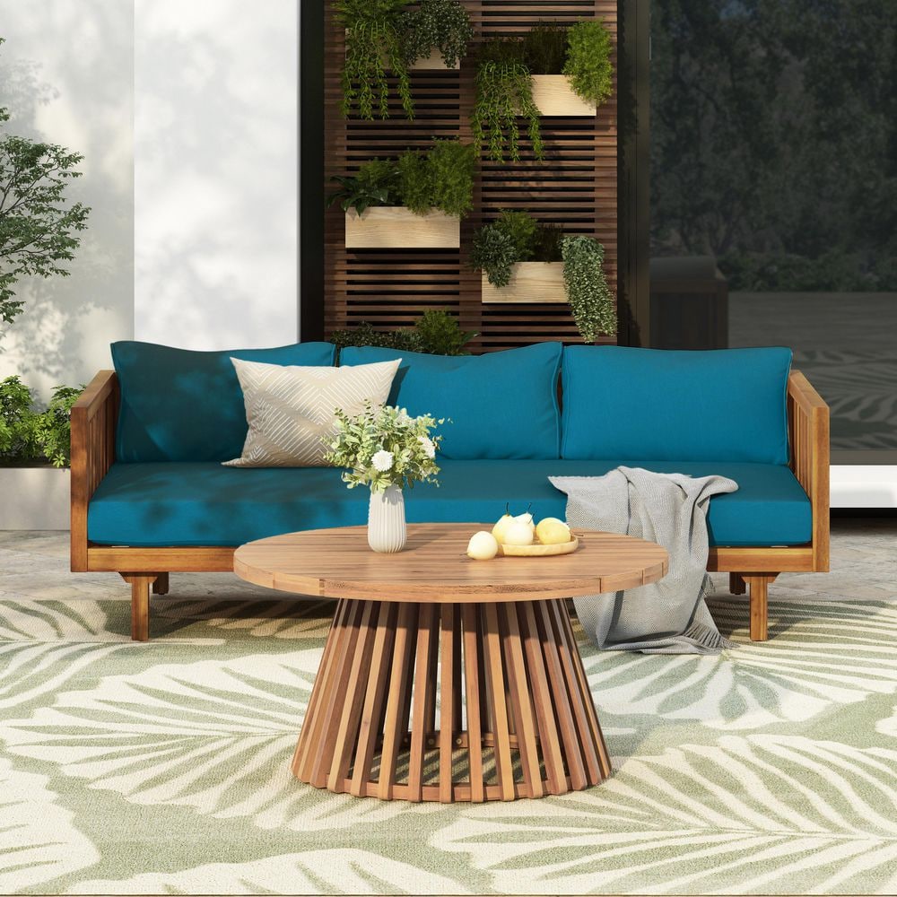 2-Piece Acacia Wood Outdoor Sectional Set with Blue Cushions, Patio Conversation Set price history on PriceWatchPro