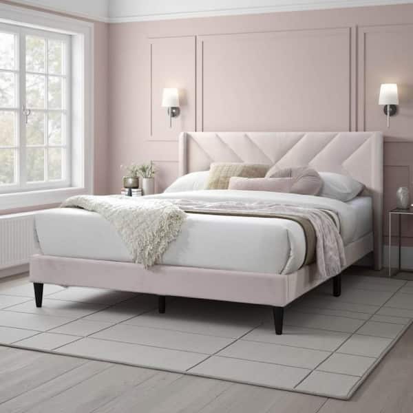 Reno Light Pink and Black Wood Frame Queen Size Panel Bed with Modern X Channel Tufted