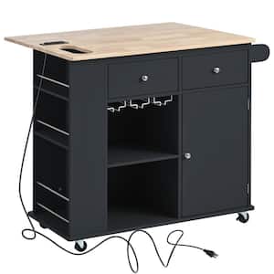 Black Wood 39.8 in. Kitchen Island with Power Outlet, Drop Leaf and Rubber Wood, Open Storage and Wine Rack, 5-Wheels
