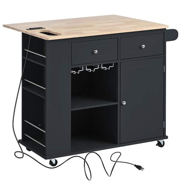 Unbranded Black Wood 39.8 in. Kitchen Island with Power Outlet, Drop Leaf and Rubber Wood, Open Storage and Wine Rack, 5-Wheels
