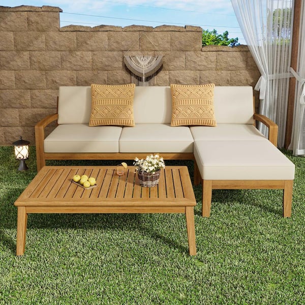 Teak 3-Piece Wood Outdoor Chaise Lounge with Beige Cushions