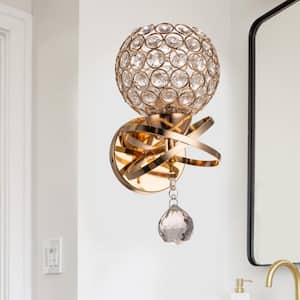 5.12 in. 1-Light Gold Modern Indoor Wall Sconce With Global Crystal Shade for Bathroom Hallway