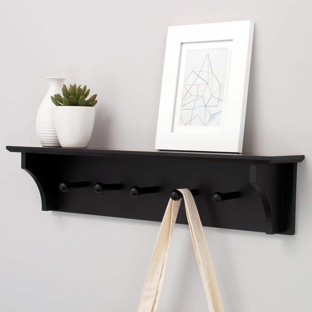 Black Asian Hardwood Wall Shelf with 5 Pegs