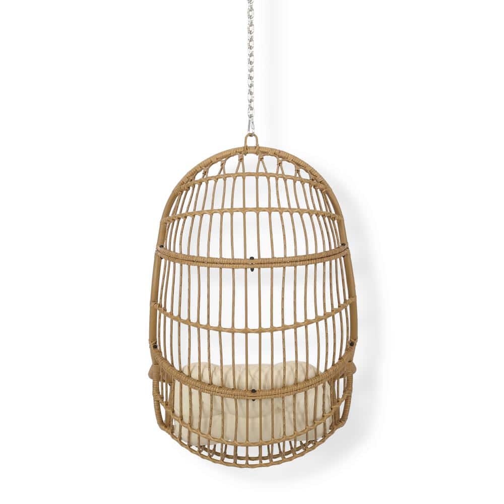 Light Brown and Beige Faux Rattan Hanging Chair with Cushions