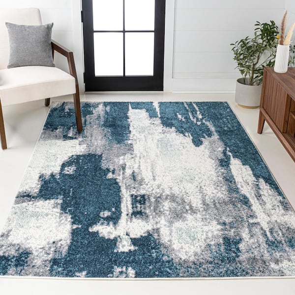 Zoe Contemporary Bohemian Abstract Marble Navy/White 8 ft. x 10 ft. Area Rug