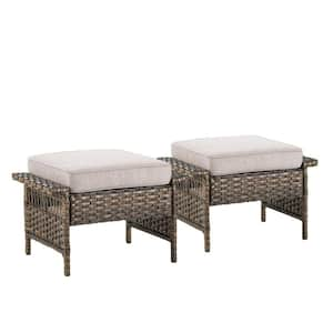 Brown Wicker Outdoor Ottoman with Beige Cushions (2-Pack)