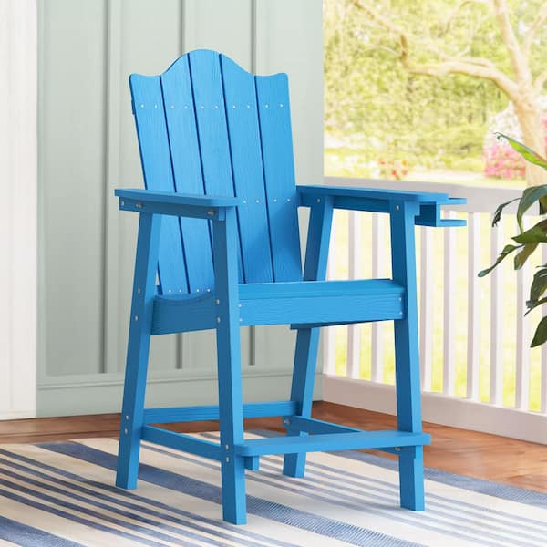 LUE BONA Blue HDPS Plastic Outdoor Barstools 25.6 in. H Tall Balcony Adirondack Armchair with Cup Holder for Pool