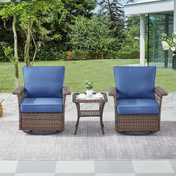 Gymojoy StLouis Brown 3-Piece Wicker Patio Conversation Set with Blue Cushions
