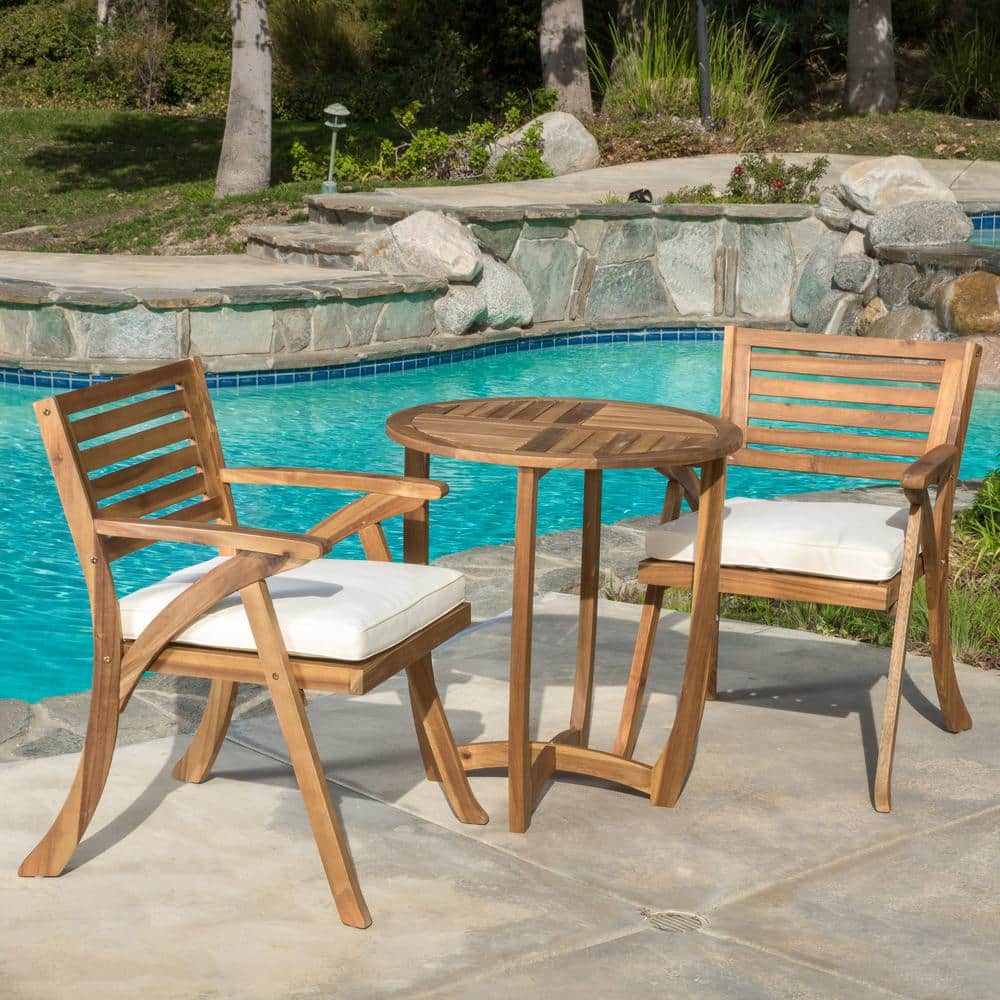 Teak and Cream Acacia Wood 3-Piece Outdoor Bistro Set