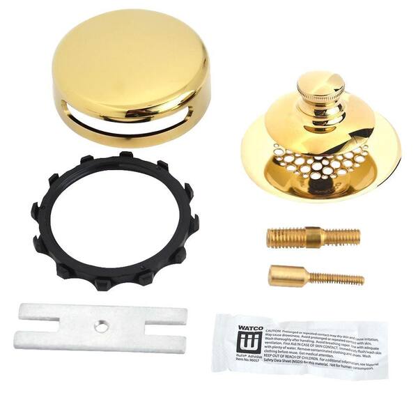 Watco Universal NuFit Push Pull Bathtub Stopper with Grid Strainer, Innovator Overflow Silicone, 2-Pin Kit, Polished Brass