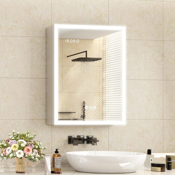 20 in. W x 28 in. H Rectangular Aluminum Surface Mount Medicine Cabinet with Mirror and Light, Defogger, Dimmer