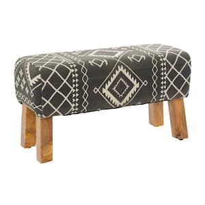 Black Tribal Bench with Wood Legs 18 in. X 33 in. X 15 in.