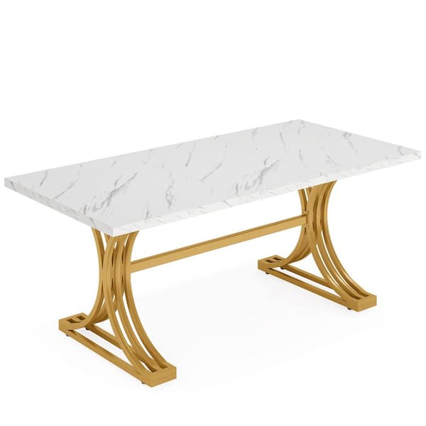 BYBLIGHT Roesler White and Gold Wood 63 in. Sled Rectangular Dining Table with Faux Marble Tabletop for 4-8