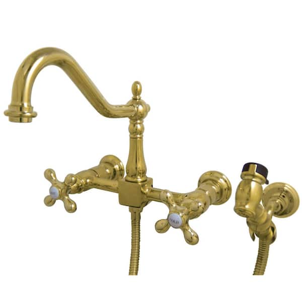 Kingston Brass Heritage 2-Handle Wall-Mount Standard Kitchen Faucet with Side Sprayer in Polished Brass