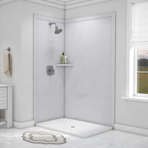 FlexStone Elegance 36 in. x 48 in. x 80 in. 7-Piece Easy Up Adhesive Corner Shower Wall Surround in Sea Salt