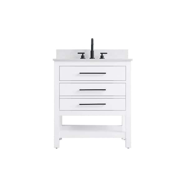 30 in. Single Sink White Bath Vanity with White Engineered Marble Top and Backsplash