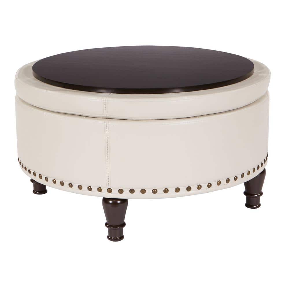 Augusta 33'' Round Storage Ottoman in Luxe Red Bonded Leather with Nailhead Accents